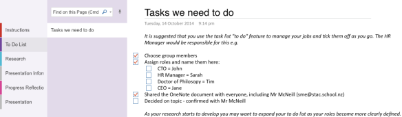 Example task list for students or organise and co-ordinate their inquiry